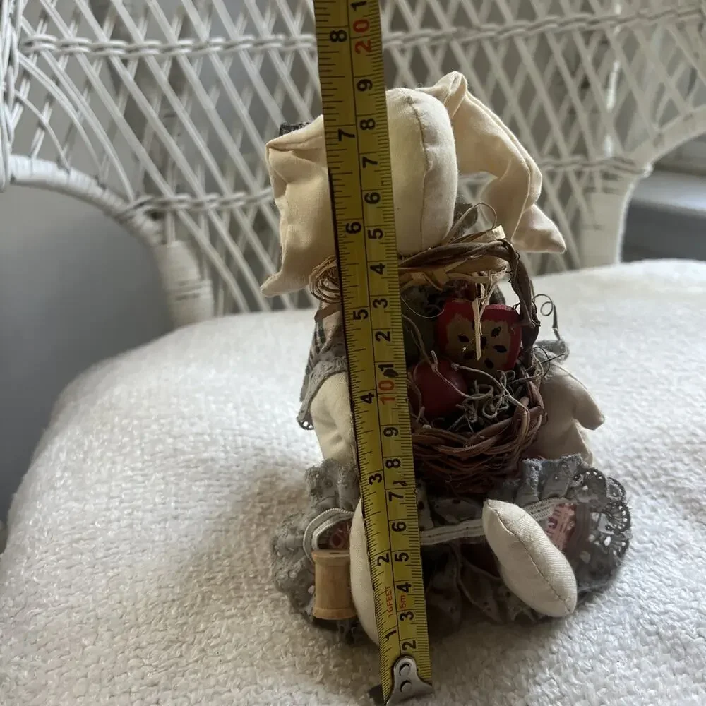 Vtg Primitive Fabric Bunny Doll Wood Block Base Sitter Country Folk Art 8”